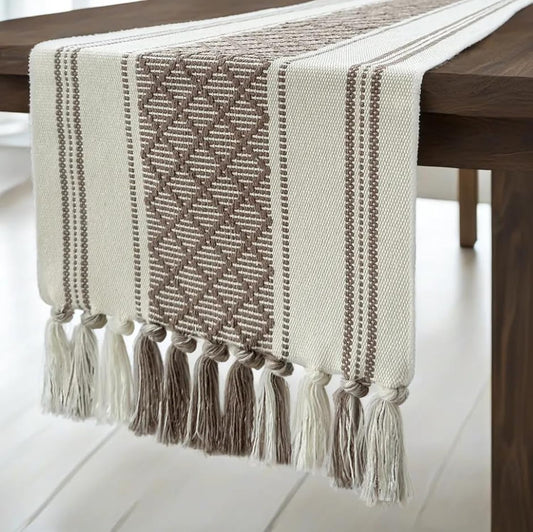 Boho Chic Square Kitchen Table Runner Textured Woven Brown and White Table Runner with Tassels Vintage Rustic Woven Modern Farmhouse Decor for Dresser (Light Coffee Brown 14x72 inch)