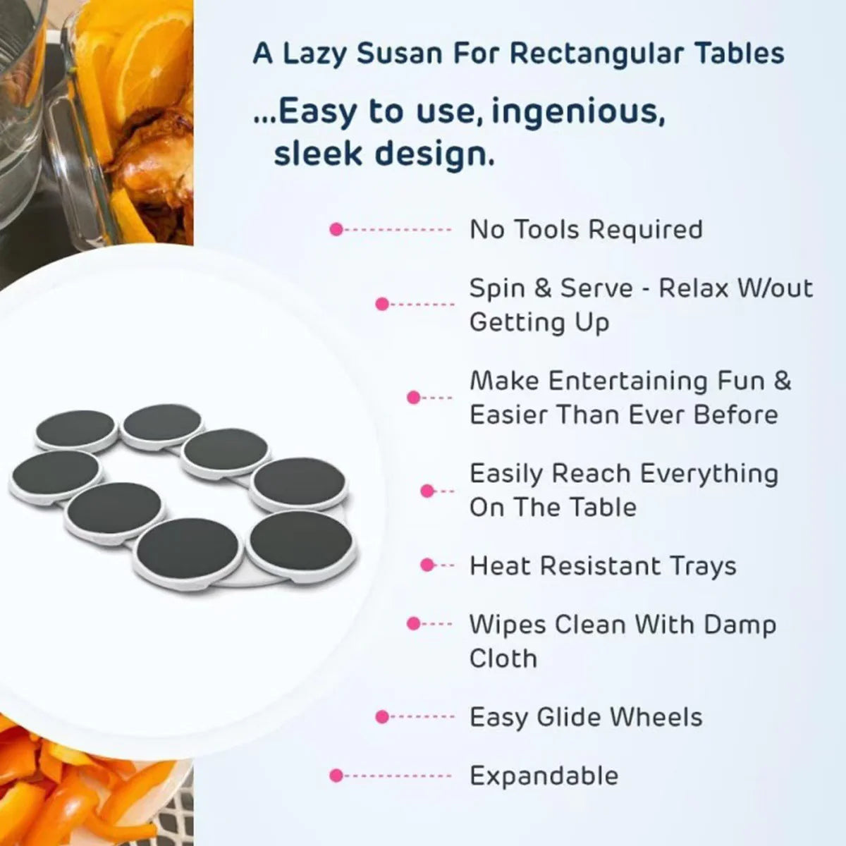 Lazy Susan for rectangular tables with features 