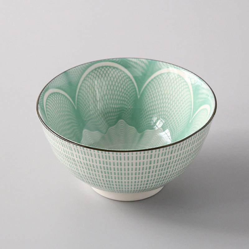 5-Inch Japanese Glazed Ceramic Threaded Rice Bowl