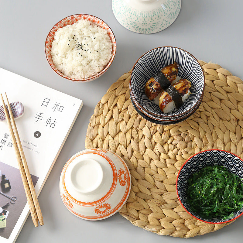 5-Inch Japanese Glazed Ceramic Threaded Rice Bowl