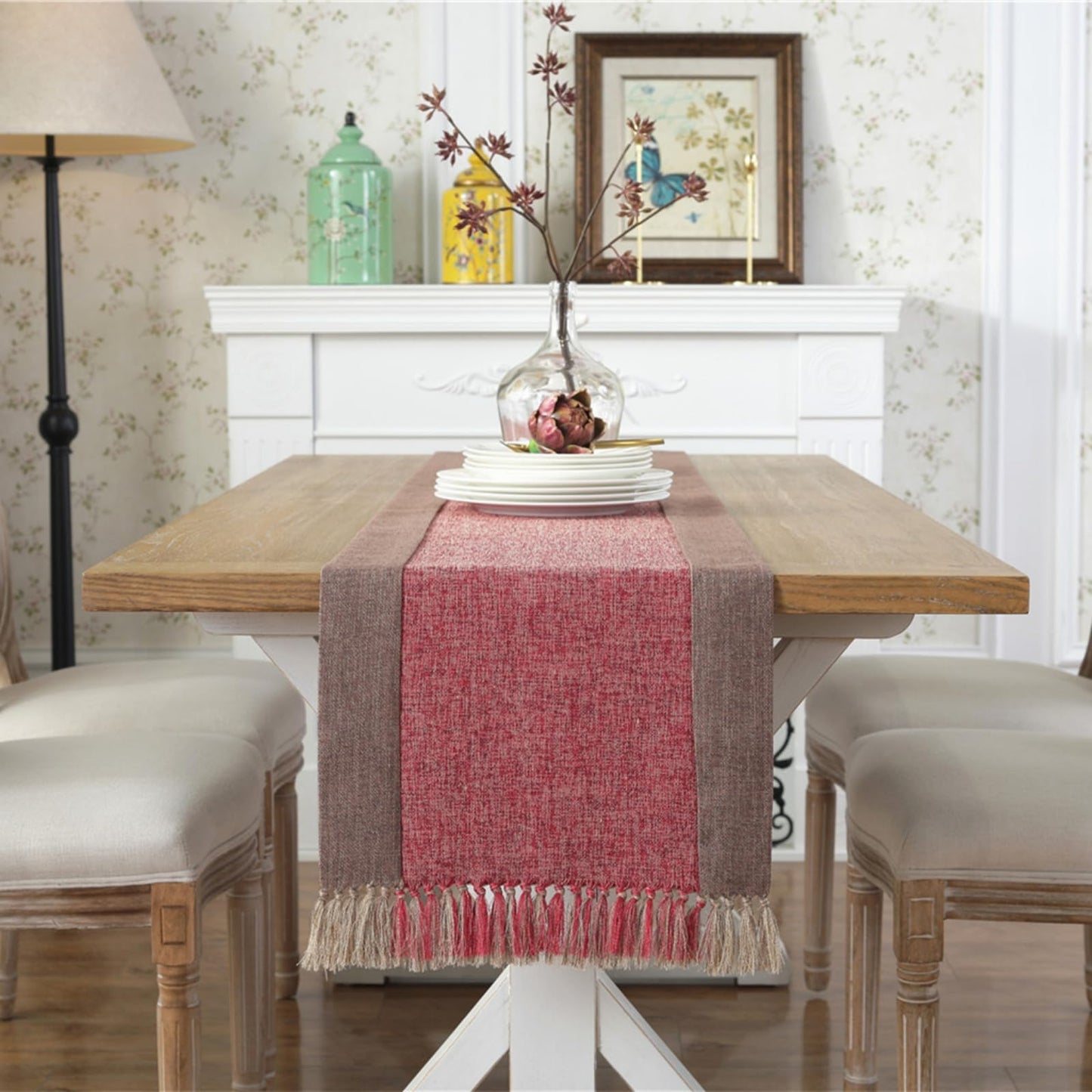 Cotton Linen Farmhouse Style Table Runner French Country Handmade Tassel Table Runners 72 Inches Long for Dining Decorations Dresser Scarf and Holiday Party 15 x 72 Inch Red