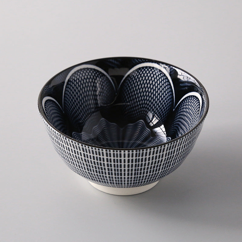 5-Inch Japanese Glazed Ceramic Threaded Rice Bowl