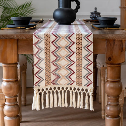 Crisjanggo 12 x 72 Inches Boho Table Runner Rustic Table Runner with Tassels Macrame Style Modern Farmhouse Table Decor for Holiday Party Wedding Home